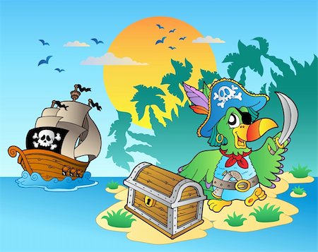 Pirate parrot and chest on island - vector illustration. Stock Photo - Budget Royalty-Free & Subscription, Code: 400-04322858