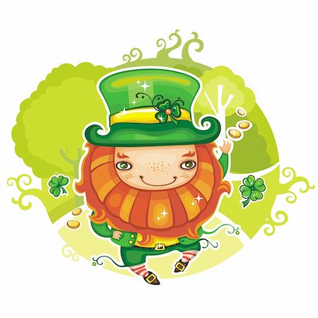 simsearch:400-06519689,k - Vector illustration of St. Patrick's Day symbol, Leprechaun with shamrocks and coins, dancing at the magical forest. Can be used as greeting card. Foto de stock - Super Valor sin royalties y Suscripción, Código: 400-04323287
