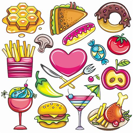 Set of ready-to-eat foods : Rich honeycomb with sweet honey. Grilled panini sandwich.  2 delicious doughnuts (donut) pink and chocolate with colorful sprinkles on top. Potato French fries, mushroom, Love Food heart emblem with crossed knife and fork, hard candy, red tomato, apple, attractive decorated dessert in red bowl topped with cherry, tasty burger with lettuce, tomato and cheese.  Summer dri Foto de stock - Super Valor sin royalties y Suscripción, Código: 400-04323283