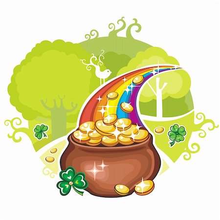 simsearch:400-06519689,k - Vector illustration of St. Patrick's Day symbol, pot of gold coins with shamrocks, standing at the magical forest. This arrangement can be used as greeting card. Foto de stock - Super Valor sin royalties y Suscripción, Código: 400-04323356
