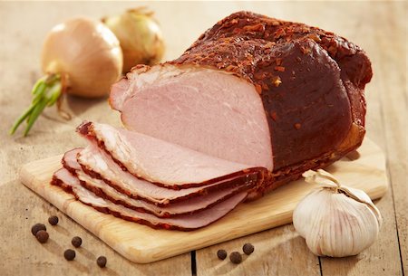 simsearch:400-06207145,k - smoked meat slices on wooden cutting board Stock Photo - Budget Royalty-Free & Subscription, Code: 400-04323402
