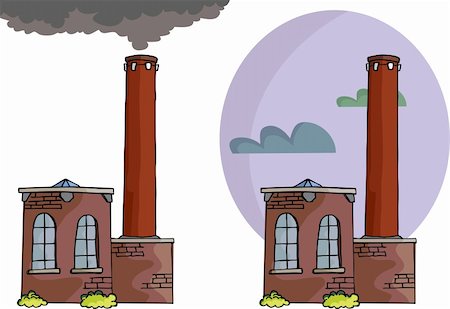 Cartoon of a small power plant or factory with smoke, tall smokestack and sky background variation. Photographie de stock - Aubaine LD & Abonnement, Code: 400-04334241