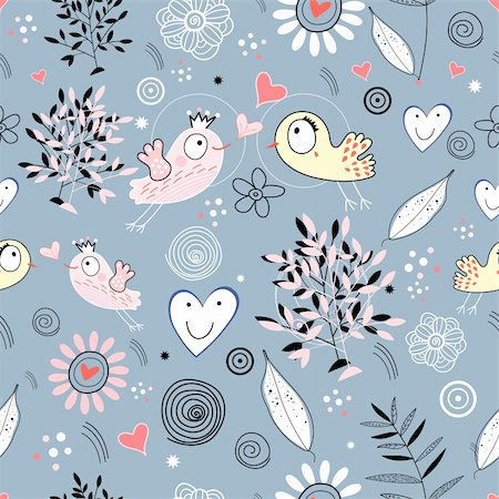 seamless floral pattern with birds in love with a blue background Stock Photo - Budget Royalty-Free & Subscription, Code: 400-04334509