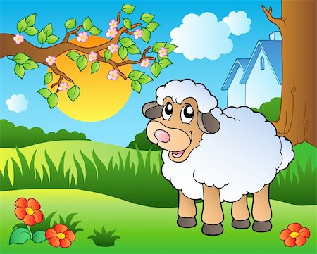 picture of farmland cartoon - Cute sheep on spring meadow - vector illustration. Stock Photo - Budget Royalty-Free & Subscription, Code: 400-04334546