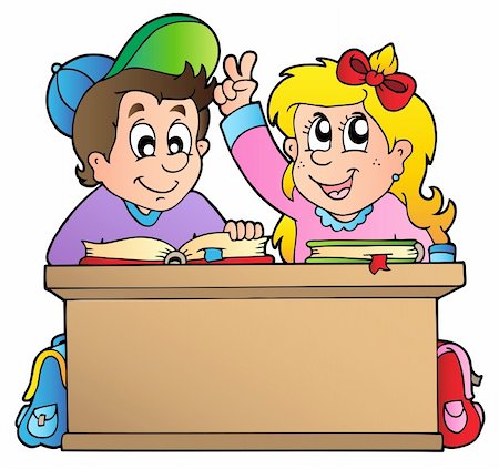 small picture of a cartoon of a person being young - Two children at school desk - vector illustration. Stock Photo - Budget Royalty-Free & Subscription, Code: 400-04334563