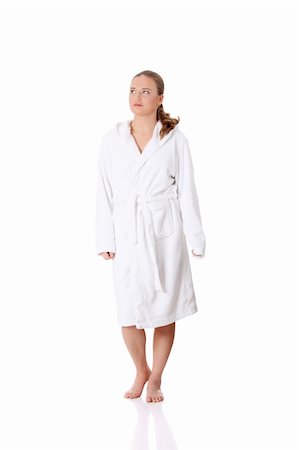 simsearch:400-04335125,k - Full portrait of young beautiful woman wearing bathrobe, isolated on white Stock Photo - Budget Royalty-Free & Subscription, Code: 400-04335125