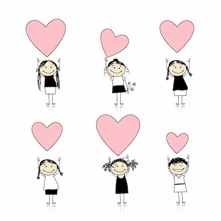 doodle background colored - Cute girls with valentine hearts for your design Stock Photo - Budget Royalty-Free & Subscription, Code: 400-04336424