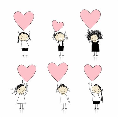 pencil painting pictures images kids - Cute girls with valentine hearts for your design Stock Photo - Budget Royalty-Free & Subscription, Code: 400-04336428