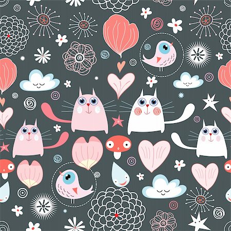 seamless pattern of willow funny cats and birds, and hearts on a dark background Stock Photo - Budget Royalty-Free & Subscription, Code: 400-04336729