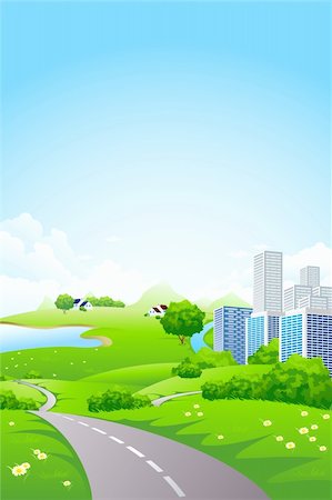 Green City Landscape with road lake and flowers Stock Photo - Budget Royalty-Free & Subscription, Code: 400-04337475