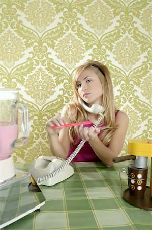 simsearch:400-04831298,k - Housewife retro vintage talking phone kitchen nail file Stock Photo - Budget Royalty-Free & Subscription, Code: 400-04330304