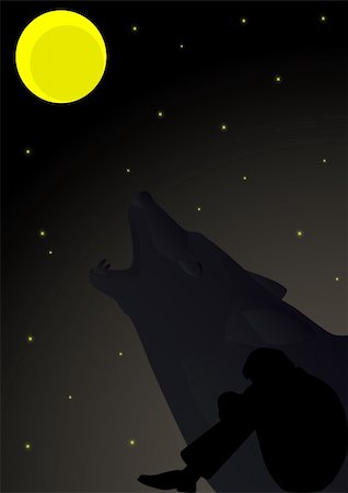 Seated man in a state of depression on the background of a wolf howling at the moon Stock Photo - Budget Royalty-Free & Subscription, Code: 400-04331168