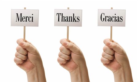 english bulletin board - Three Signs In Male Fists Saying Merci, Thanks and Gracias Isolated on a White Background. Photographie de stock - Aubaine LD & Abonnement, Code: 400-04332589