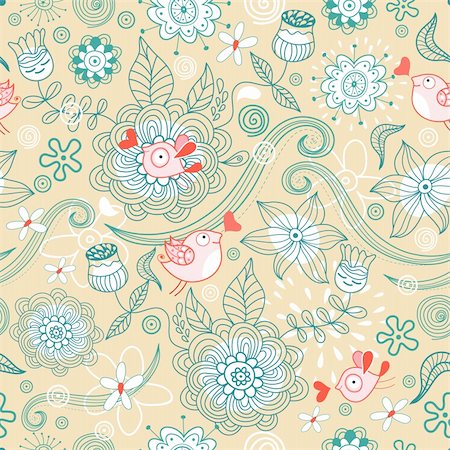 seamless green floral pattern with birds in love on a light brown background Stock Photo - Budget Royalty-Free & Subscription, Code: 400-04344367