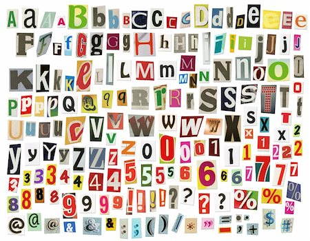 simsearch:400-04322747,k - Newspaper alphabet with letters, numbers and symbols. Isolated on white Stock Photo - Budget Royalty-Free & Subscription, Code: 400-04344988