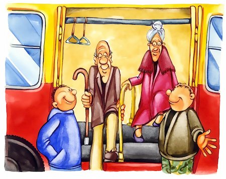 painting illustration of kind boys on bus stop Foto de stock - Super Valor sin royalties y Suscripción, Código: 400-04345166