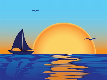 sea sunset with boat and seagulls silhouettes Stock Photo - Budget Royalty-Free & Subscription, Code: 400-04346340