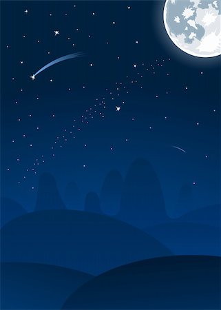 raining scenery cartoon - Vector night landscape with full moon and falling stars Stock Photo - Budget Royalty-Free & Subscription, Code: 400-04347149