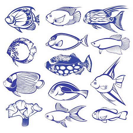 fish cartoon - Tropical Fish Set. Raster version. Vector version is in my gallery. Foto de stock - Super Valor sin royalties y Suscripción, Código: 400-04348427