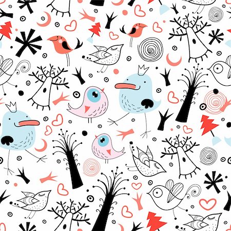 seamless pattern from black trees and amusing birds on a white background Stock Photo - Budget Royalty-Free & Subscription, Code: 400-04349940