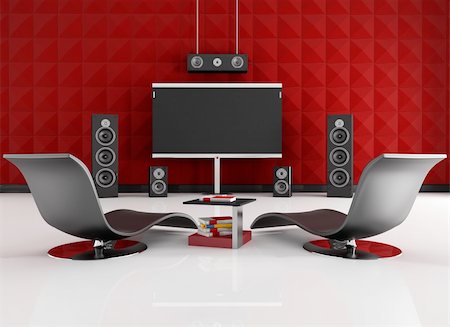 home cinema room with red acoustic panel - rendering Stock Photo - Budget Royalty-Free & Subscription, Code: 400-04340145