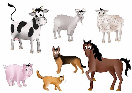 Seven domestic animals - cow, goat, sheep, dog, horse, pig and cat - drawn in kind child style Stock Photo - Budget Royalty-Free & Subscription, Code: 400-04340758