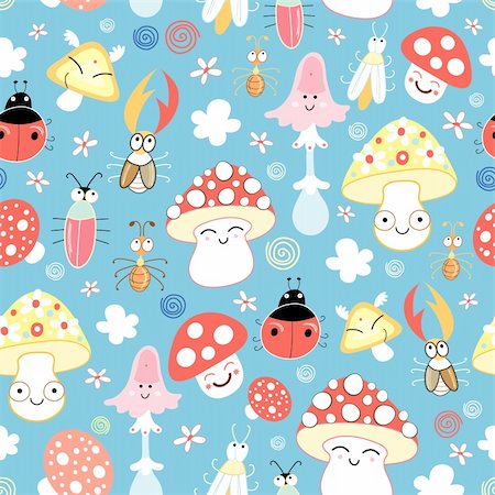 seamless pattern of cheerful bright mushrooms and beetles on a blue background Stock Photo - Budget Royalty-Free & Subscription, Code: 400-04341337