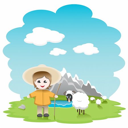 Illustration, shepherd with sheep in field on background of the mountains Stock Photo - Budget Royalty-Free & Subscription, Code: 400-04341944