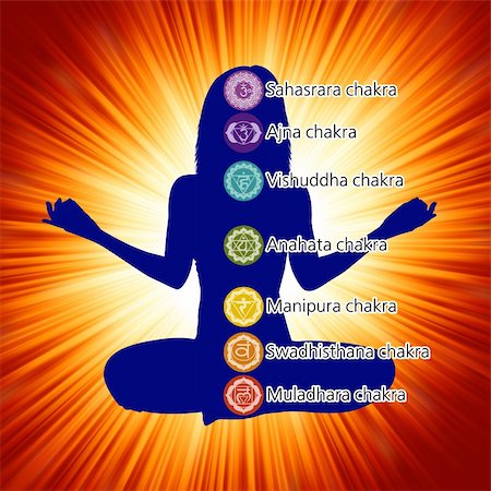 Woman in lotus position with the seven chakras. EPS 8 vector file included Foto de stock - Super Valor sin royalties y Suscripción, Código: 400-04342354