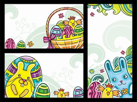 simsearch:400-05918532,k - Set of Easter banners series 1. Flora and Fauna compositions, curly plants, painted Easter eggs, cute blue bunny, little girl, little chicken and colorful flowers Photographie de stock - Aubaine LD & Abonnement, Code: 400-04342548