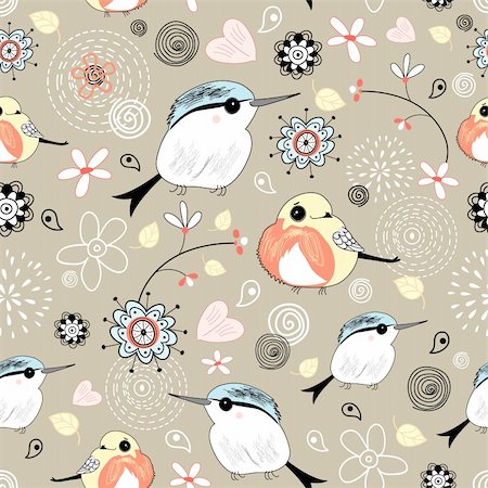 seamless pattern with natural color graphics birdies on a brown background Stock Photo - Budget Royalty-Free & Subscription, Code: 400-04342988