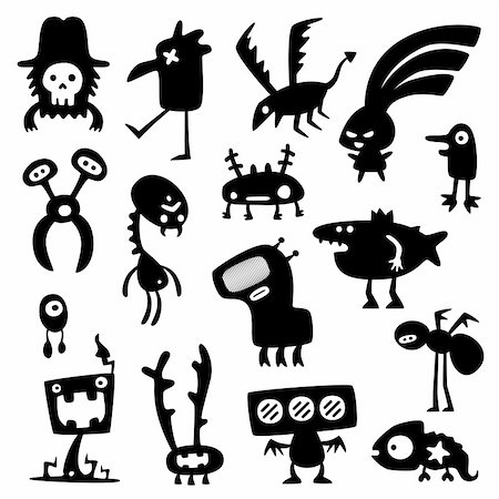 doodle monster drawing - Collection of cartoon funny vector monsters silhouettes Stock Photo - Budget Royalty-Free & Subscription, Code: 400-04343111