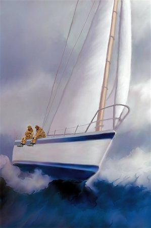 simsearch:400-05124606,k - Two sailors enjoy the excitement of rough seas and the ride of a sailboat heeling over. Stock Photo - Budget Royalty-Free & Subscription, Code: 400-04354260