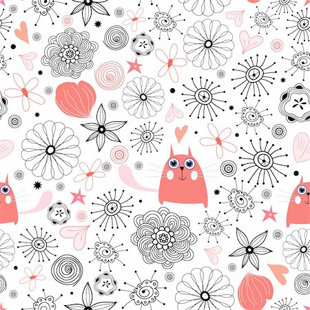 seamless black floral pattern with red cats on a white background Stock Photo - Budget Royalty-Free & Subscription, Code: 400-04356188