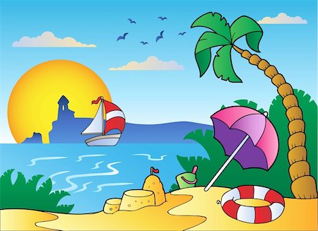 Beach with umbrella and sand castle - vector illustration. Stock Photo - Budget Royalty-Free & Subscription, Code: 400-04356312