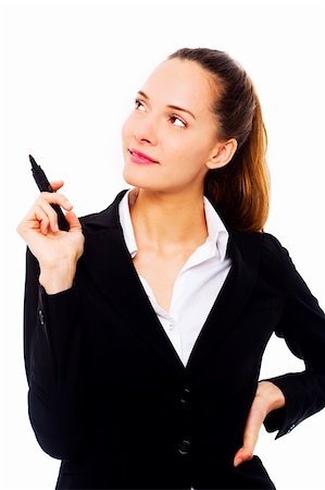 simsearch:400-04398921,k - Young businesswoman holding a marking pen on white background studio Stock Photo - Budget Royalty-Free & Subscription, Code: 400-04357933