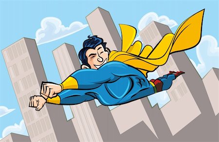 simsearch:400-05741668,k - Cartoon superman flying with his cape billowing behind. A cityscape behind him Stock Photo - Budget Royalty-Free & Subscription, Code: 400-04350444