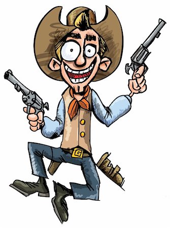 Cartoon cowboy jumping up and down with six guns. Isolated on white Stock Photo - Budget Royalty-Free & Subscription, Code: 400-04350442