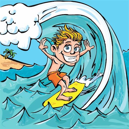 Cartoon boy surfing a wave in the sea Stock Photo - Budget Royalty-Free & Subscription, Code: 400-04350463