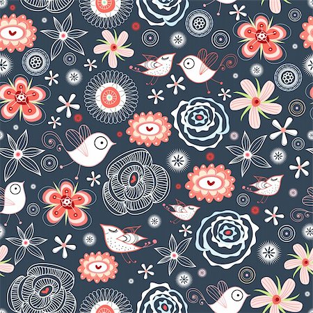 Seamless red floral pattern with birds on a dark blue background Stock Photo - Budget Royalty-Free & Subscription, Code: 400-04350569