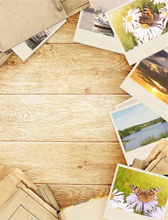 simsearch:400-05892111,k - Frame with old paper and photos. Objects over wooden planks Stock Photo - Budget Royalty-Free & Subscription, Code: 400-04352181