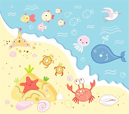 color funny sea creatures on land and in water Stock Photo - Budget Royalty-Free & Subscription, Code: 400-04353202