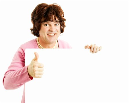 simsearch:841-06031350,k - Female impersonator holding blank white sign and giving thumbs up.  Isolated on white. Stock Photo - Budget Royalty-Free & Subscription, Code: 400-04364245