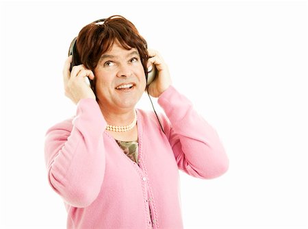 simsearch:841-06031350,k - Cross dressing celebrity impersonator listening to headphones.   Isolated on white. Stock Photo - Budget Royalty-Free & Subscription, Code: 400-04364257
