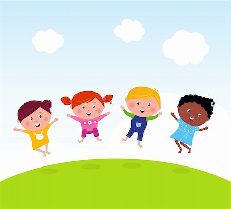 Happy jumping girls and boy. Vector illustration of kids group. Stock Photo - Budget Royalty-Free & Subscription, Code: 400-04365413