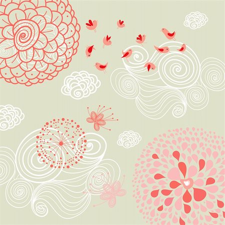 floral background with red birds in the clouds Stock Photo - Budget Royalty-Free & Subscription, Code: 400-04369689