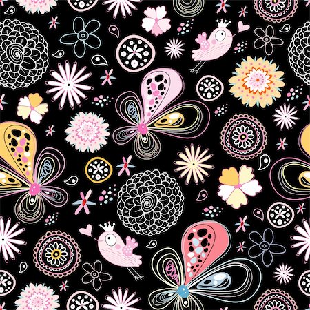 seamless floral pattern with bright pink birds on a black background Stock Photo - Budget Royalty-Free & Subscription, Code: 400-04369690
