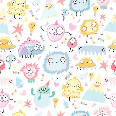 seamless pattern of colored ridiculous monsters on a white background Stock Photo - Budget Royalty-Free & Subscription, Code: 400-04369792