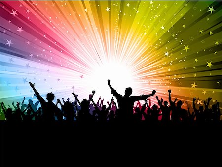 simsearch:400-04389591,k - Silhouette of a party crowd on a colourful starburst background Stock Photo - Budget Royalty-Free & Subscription, Code: 400-04369984