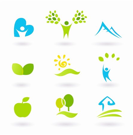 Icons set or graphic elements inspired by nature and life. Landscape, hills, people, leaves and organic living. Vector Illustration. Stock Photo - Budget Royalty-Free & Subscription, Code: 400-04360461